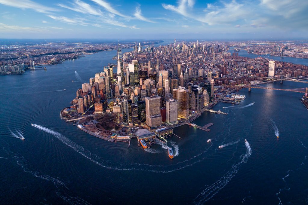 aerial shot of lower Manhattan financial district
