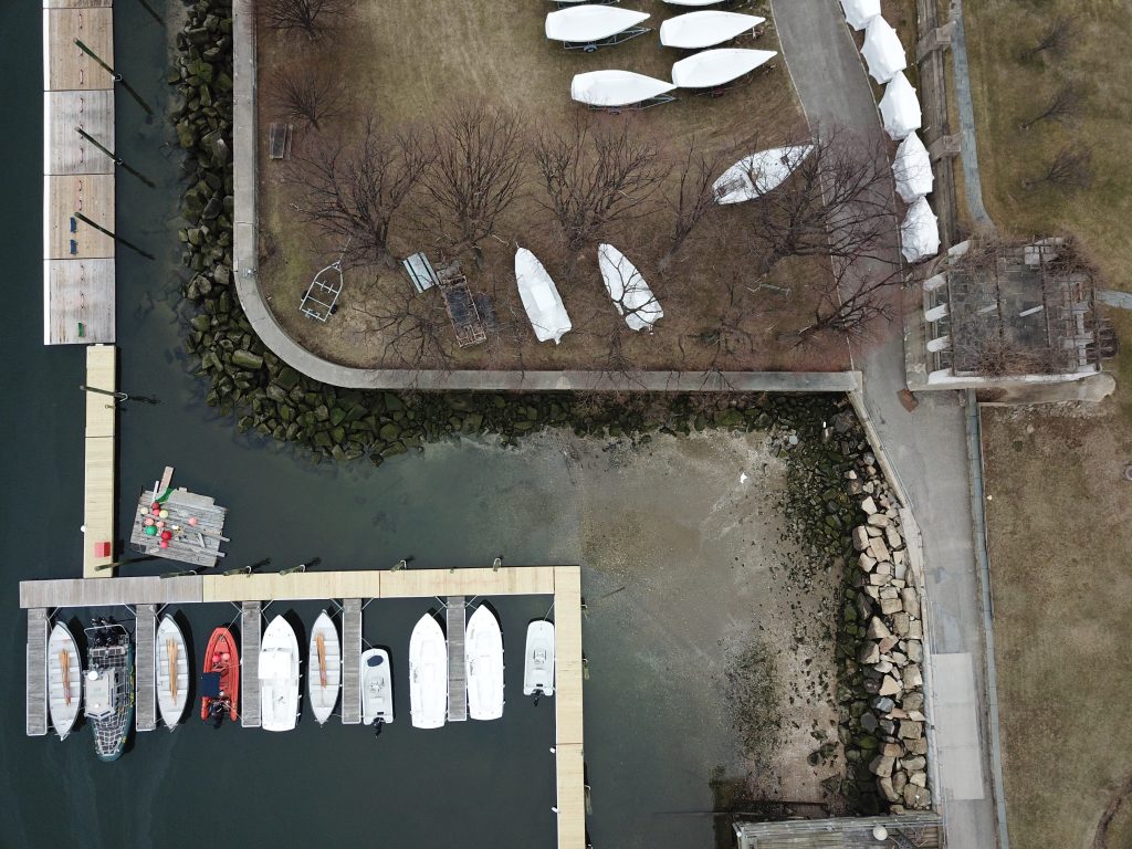 aerial shot of dock and boats