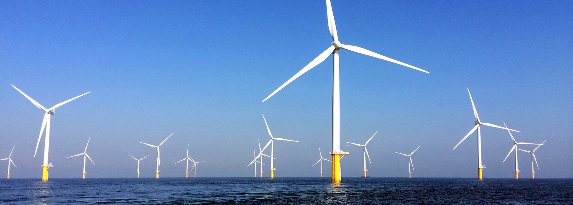 close up of wind farm on water