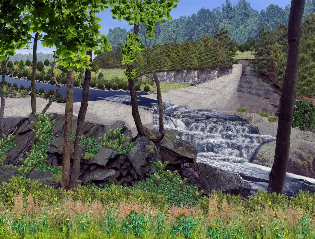 honk falls rendering with dam water rushing with tree and grass in foreground