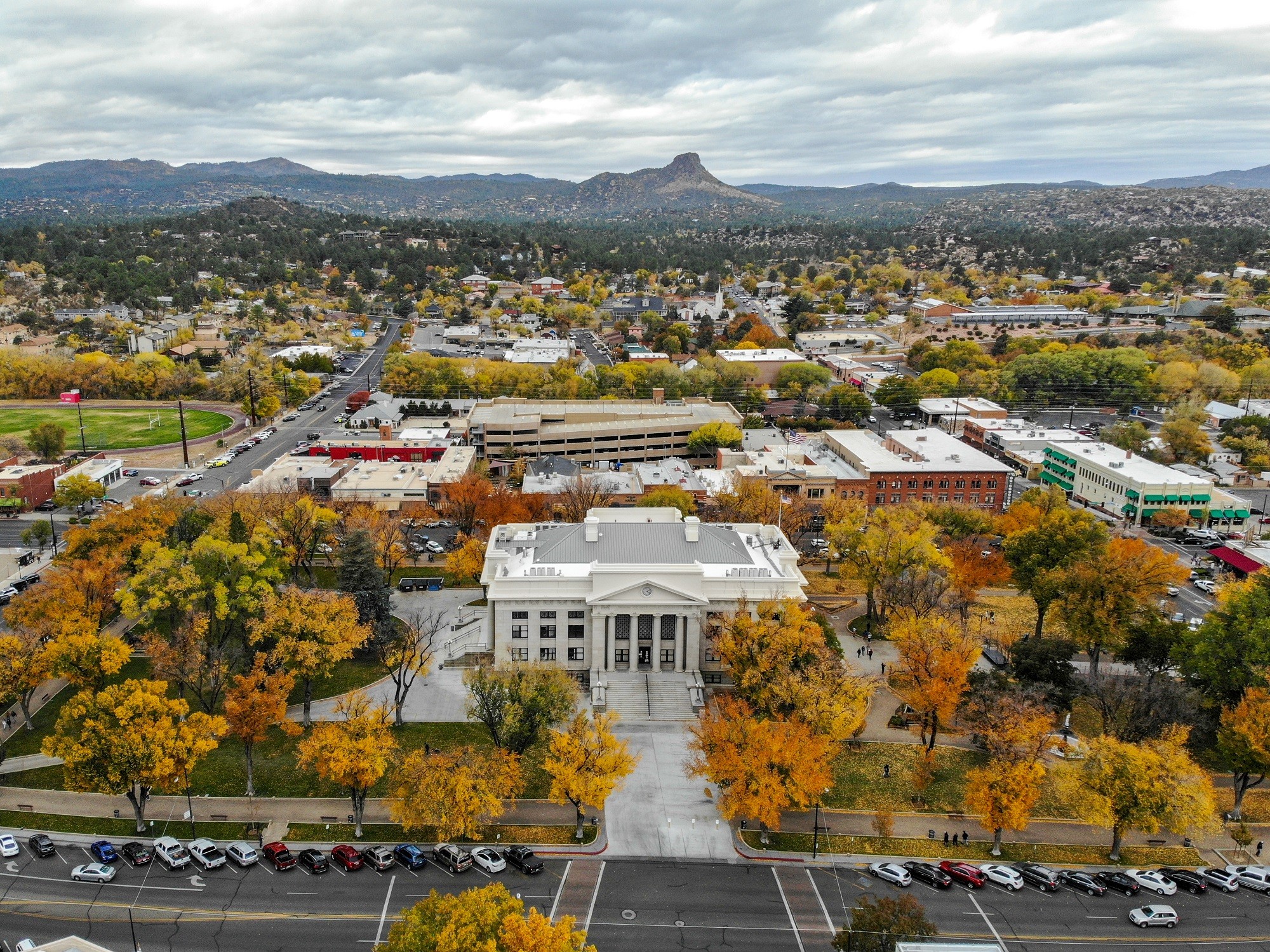 aerial view of prescott az state building in autumn