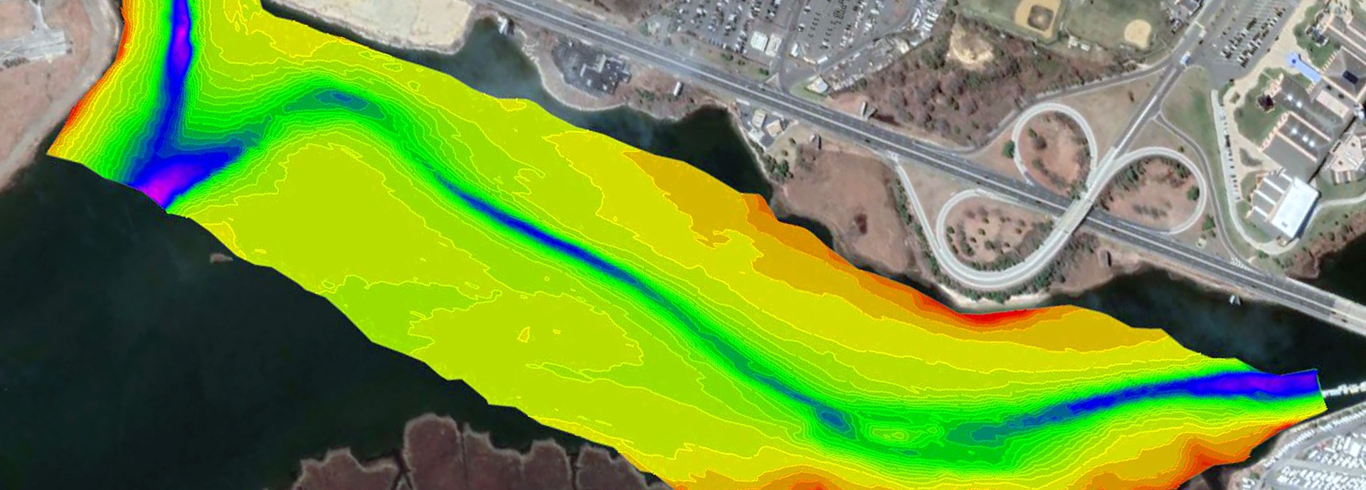bathymetric survey graphic multicolored on Atlantic shores aerial view