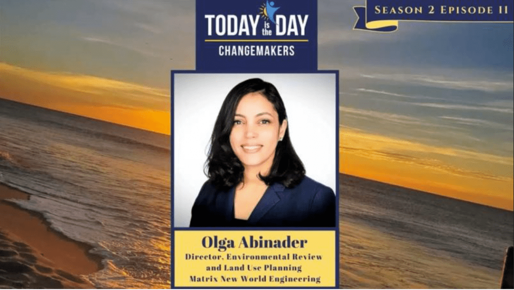 olga headshot against sunset beach graphic with changemakers podcast logo