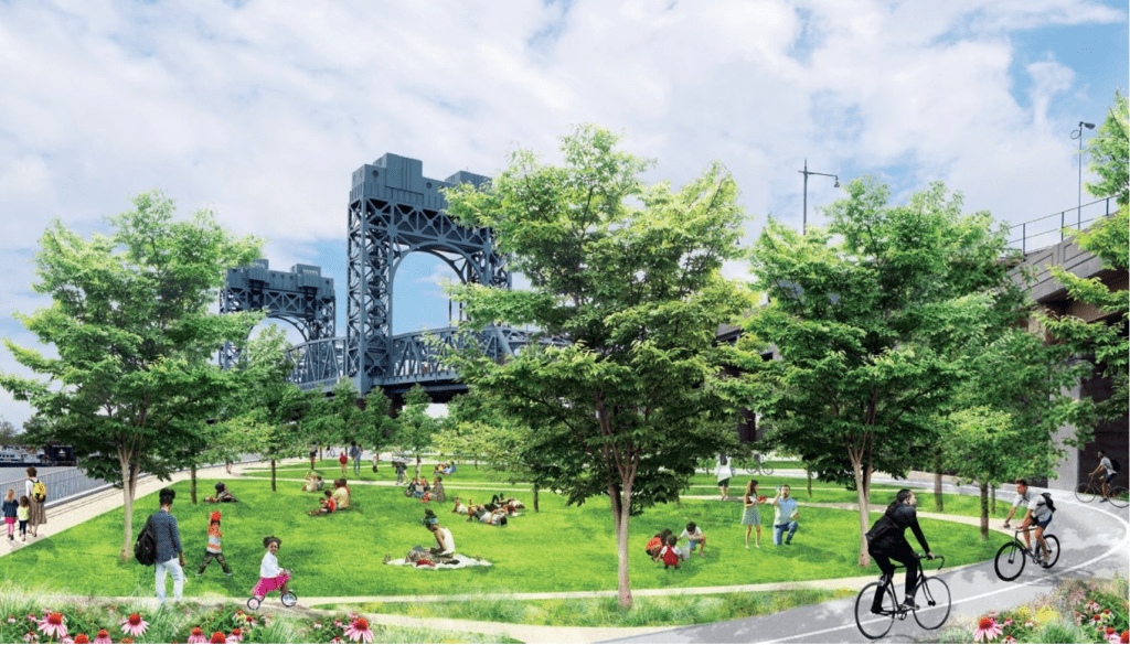 harlem river greenway rendering with bridge in background and green park with people enjoying the park