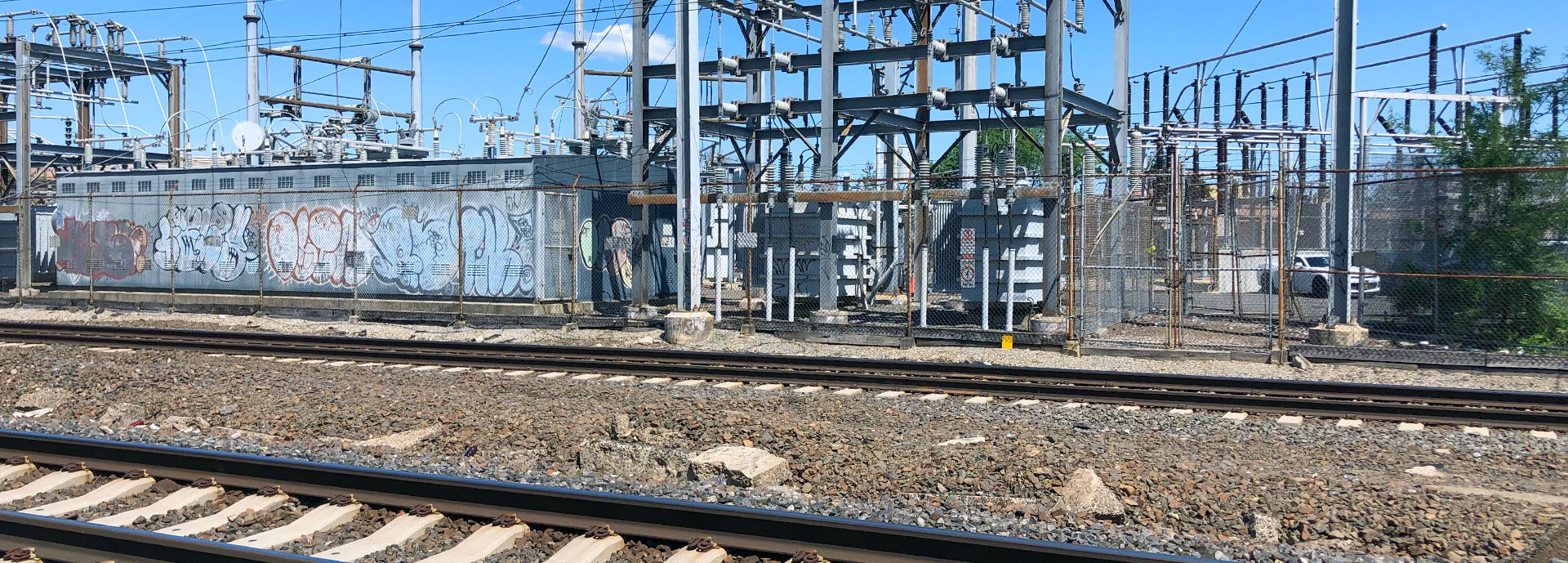 view of electrical grid by train tracks at penn station