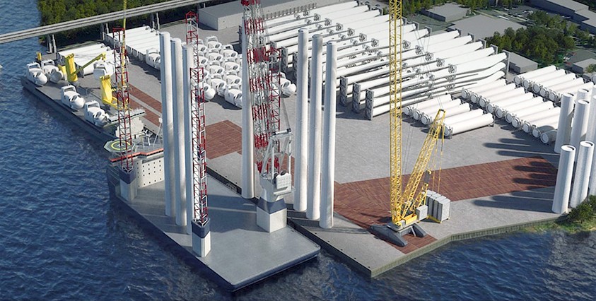 rendering of offshore wind facility with structures by water