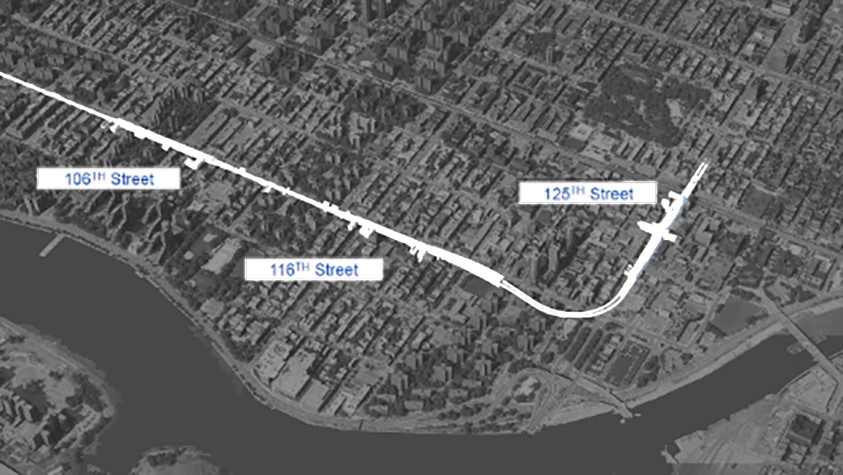 map of subway path over grey rendering of nyc