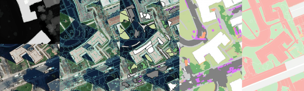 4 side by side gis model images in various greens and greys and pink