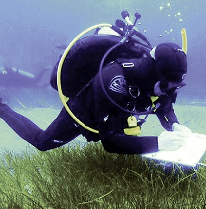 diver underwater taking notes on vegetation