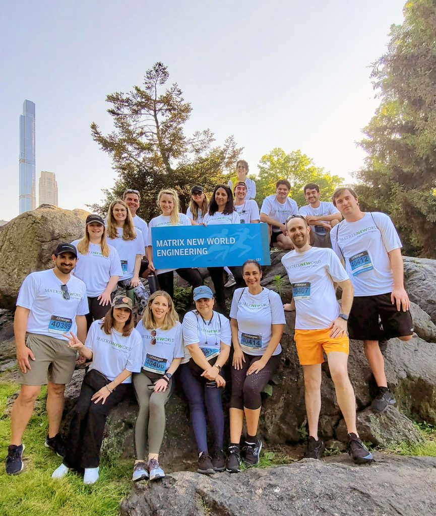 group of matrix employees with sign on rock in central park in front of trees and buildings in background