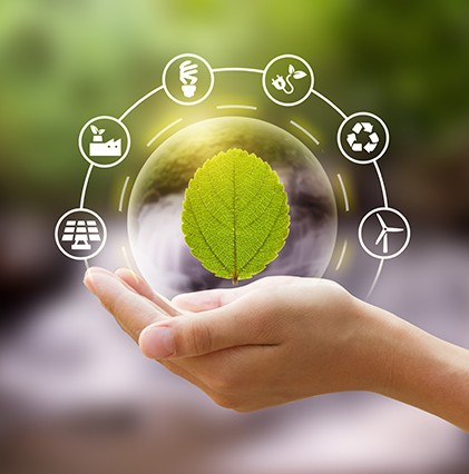 cupped hand with green leaf hovering above with graphics of sustainability symbols in a semi circle around the leaf all in front of blurred out background of stream in woods