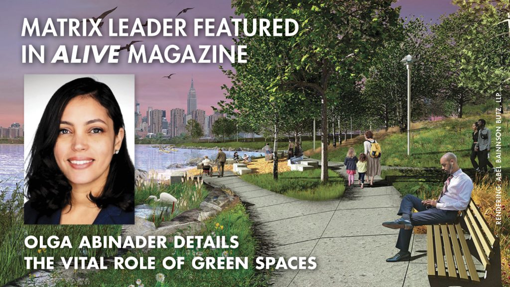 updated rendering with ABB credit rendering of waterfront park with olga headshot and text