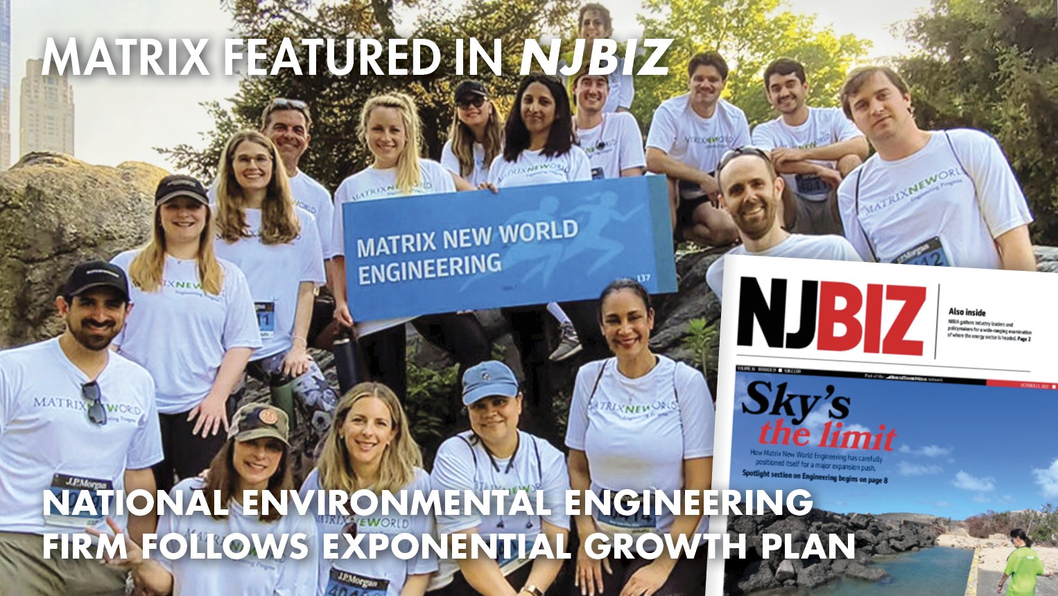 Matrix staff group photo in NYC with NJBIZ cover Image and text
