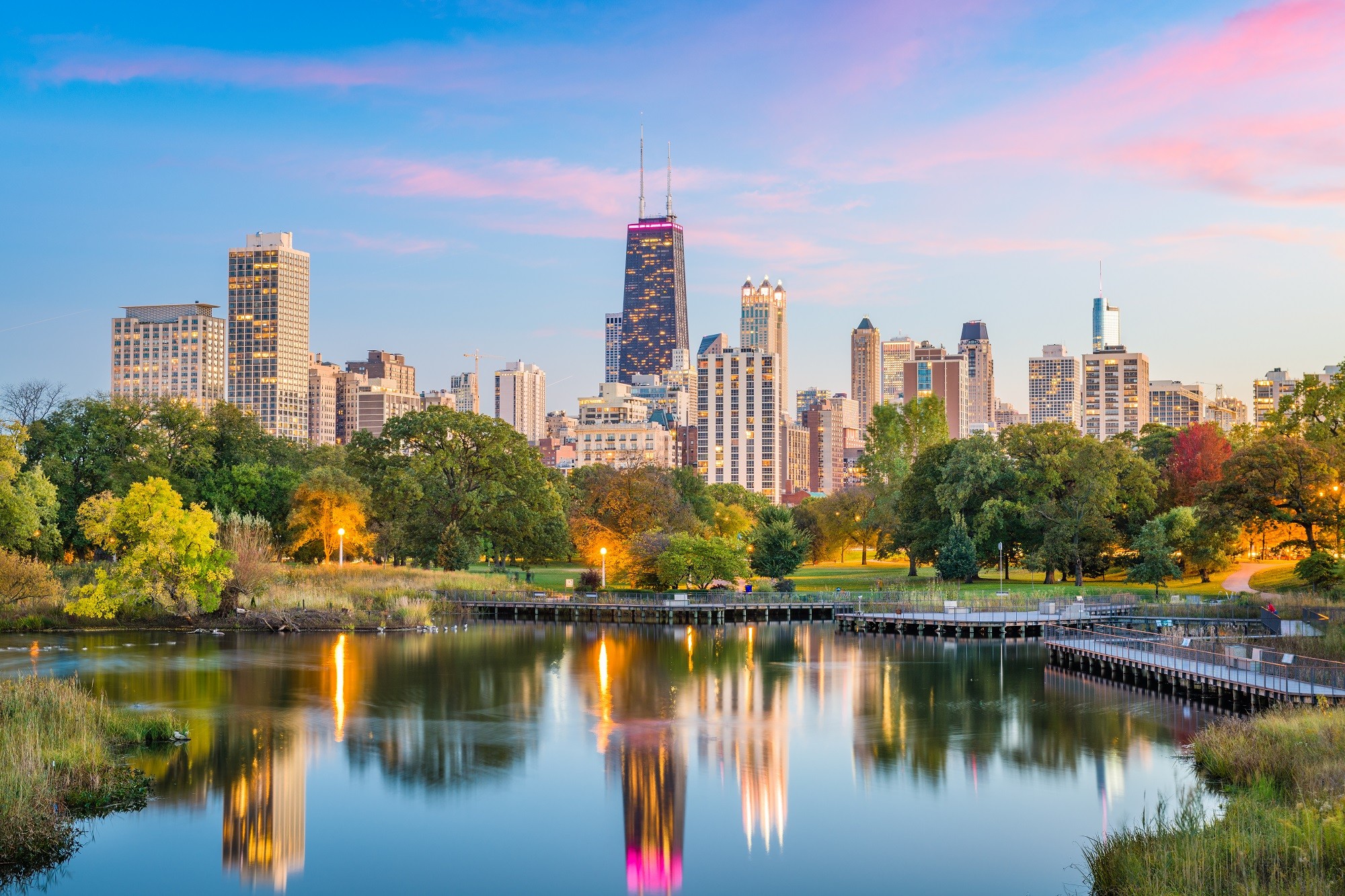 chicago view, buildings on horizon and lake in foreground