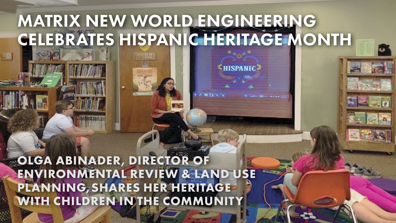 image of olga reading books to local children at library for hispanic heritage month and text on top of image