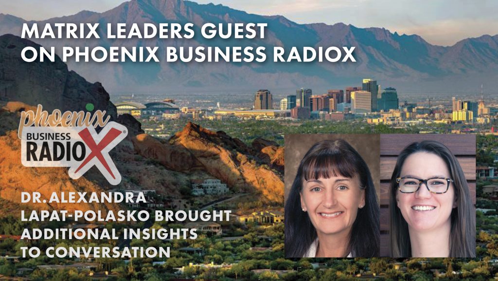 laurie and bridget headshots on arizona background with phoenix business radio logo and text